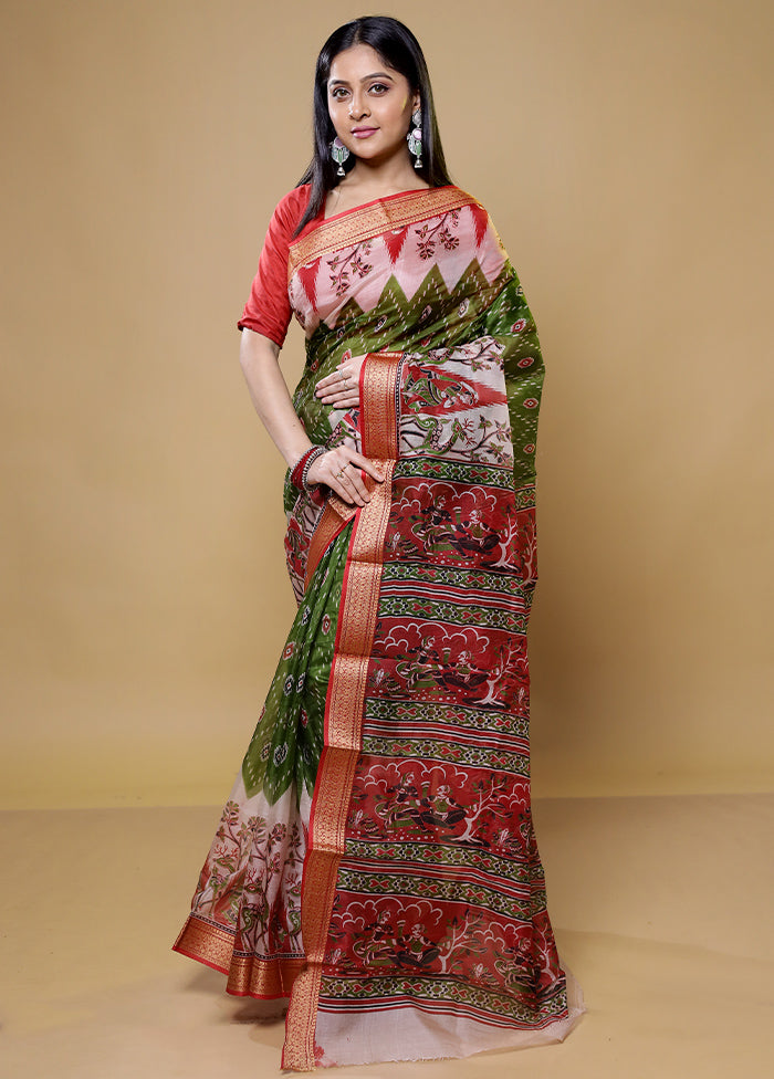 Green Printed Pure Silk Saree Without Blouse Piece