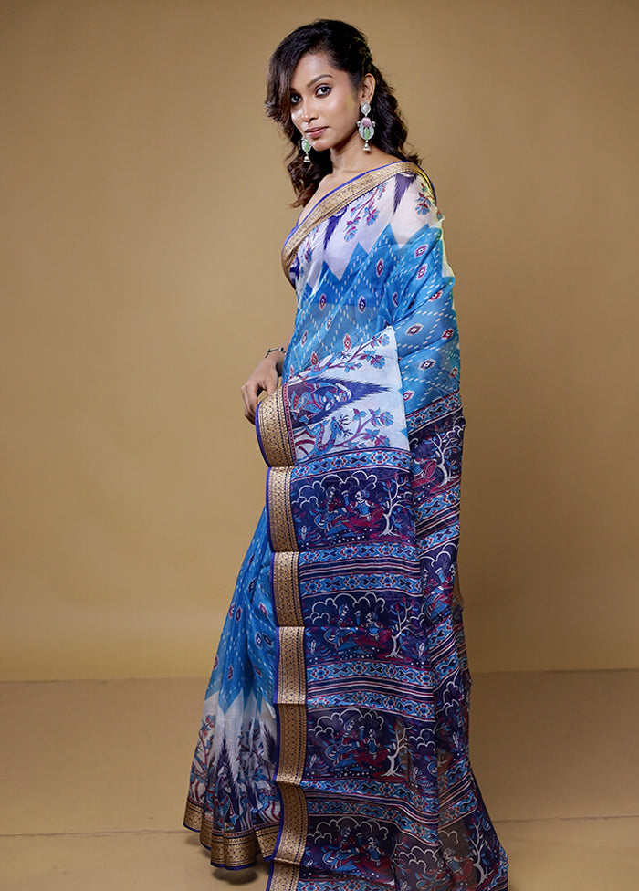 White Printed Pure Silk Saree Without Blouse Piece