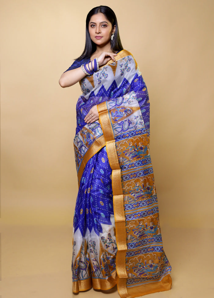 Blue Printed Pure Silk Saree Without Blouse Piece