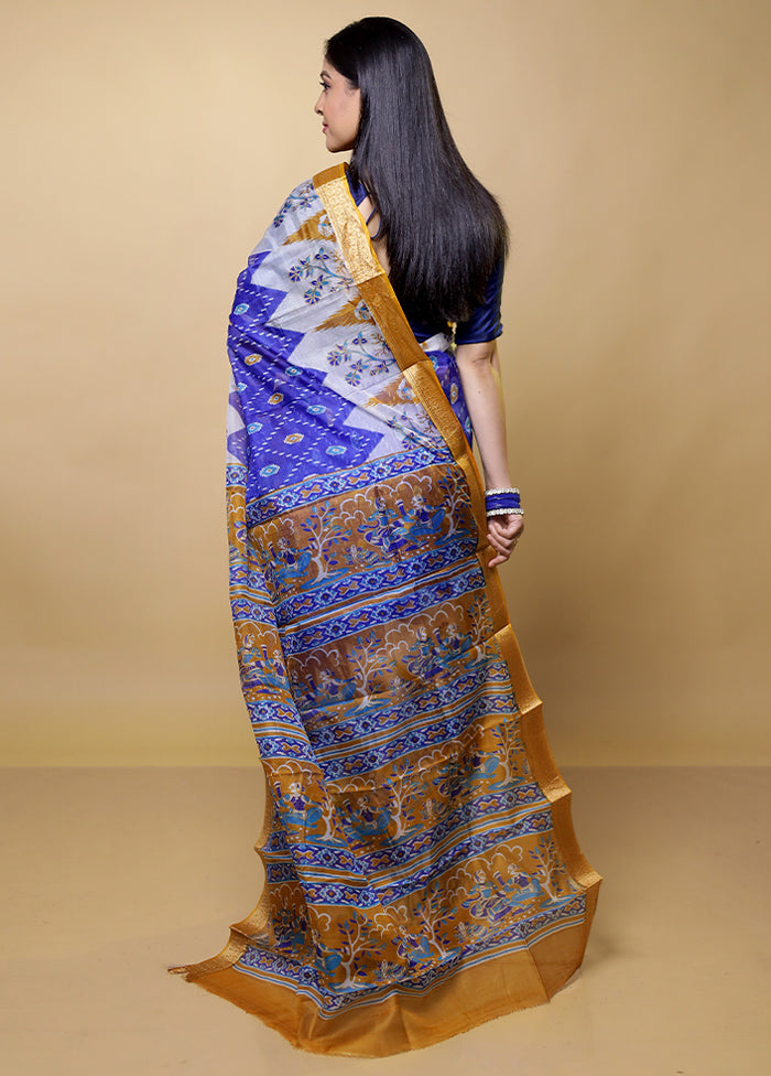 Blue Printed Pure Silk Saree Without Blouse Piece