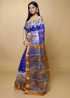 Blue Printed Pure Silk Saree Without Blouse Piece