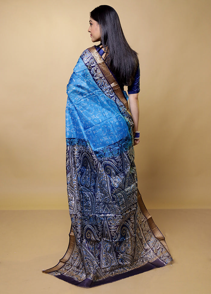 Blue Printed Pure Silk Saree Without Blouse Piece