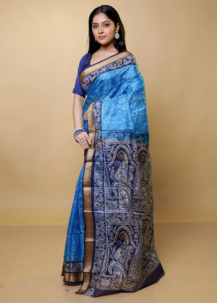 Blue Printed Pure Silk Saree Without Blouse Piece