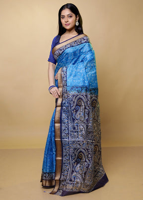 Blue Printed Pure Silk Saree Without Blouse Piece