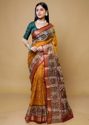 Yellow Printed Pure Silk Saree Without Blouse Piece