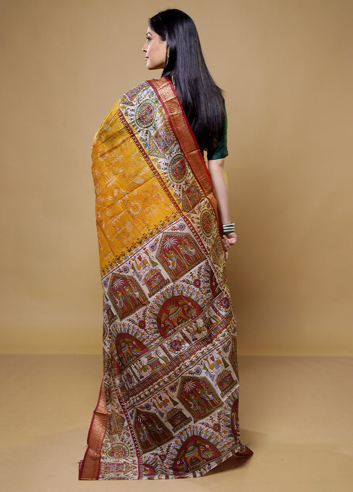 Yellow Printed Pure Silk Saree Without Blouse Piece