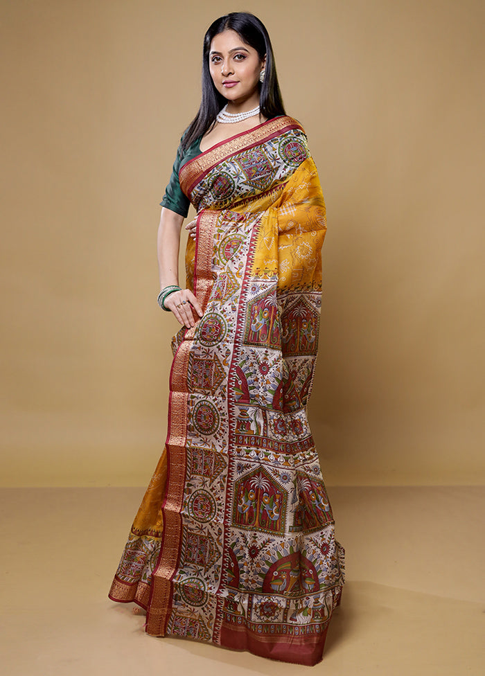 Yellow Printed Pure Silk Saree Without Blouse Piece