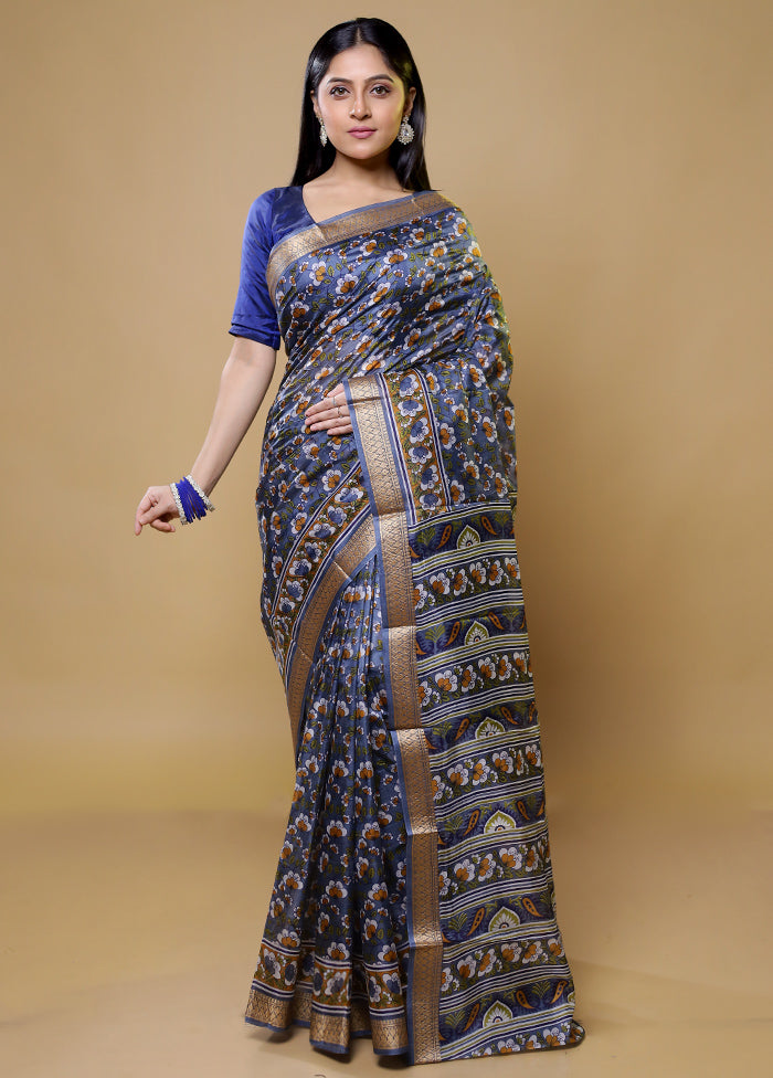 Grey Printed Pure Silk Saree Without Blouse Piece