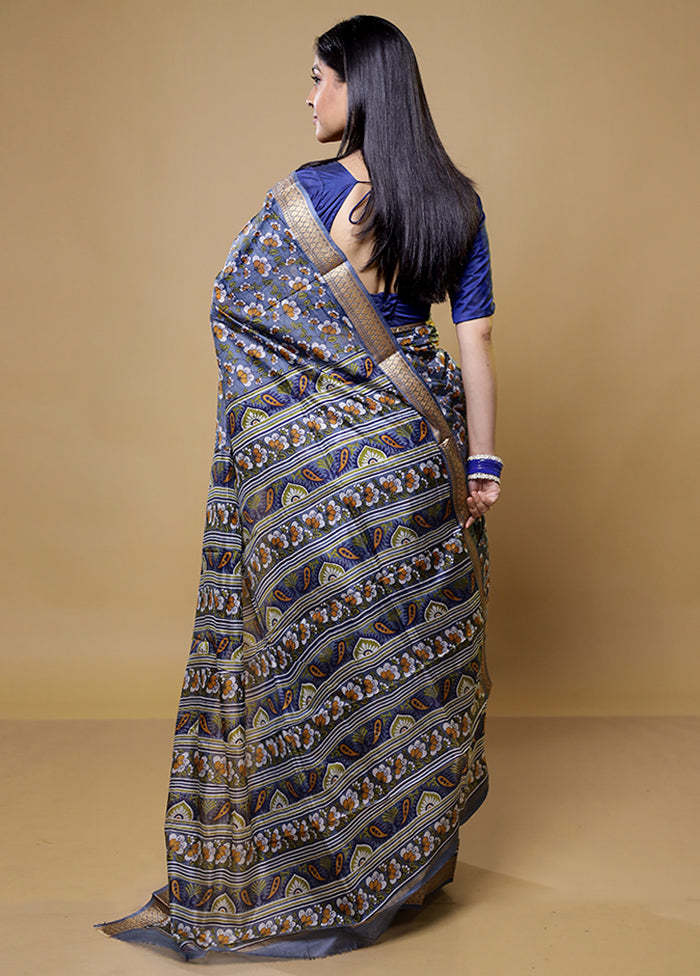 Grey Printed Pure Silk Saree Without Blouse Piece