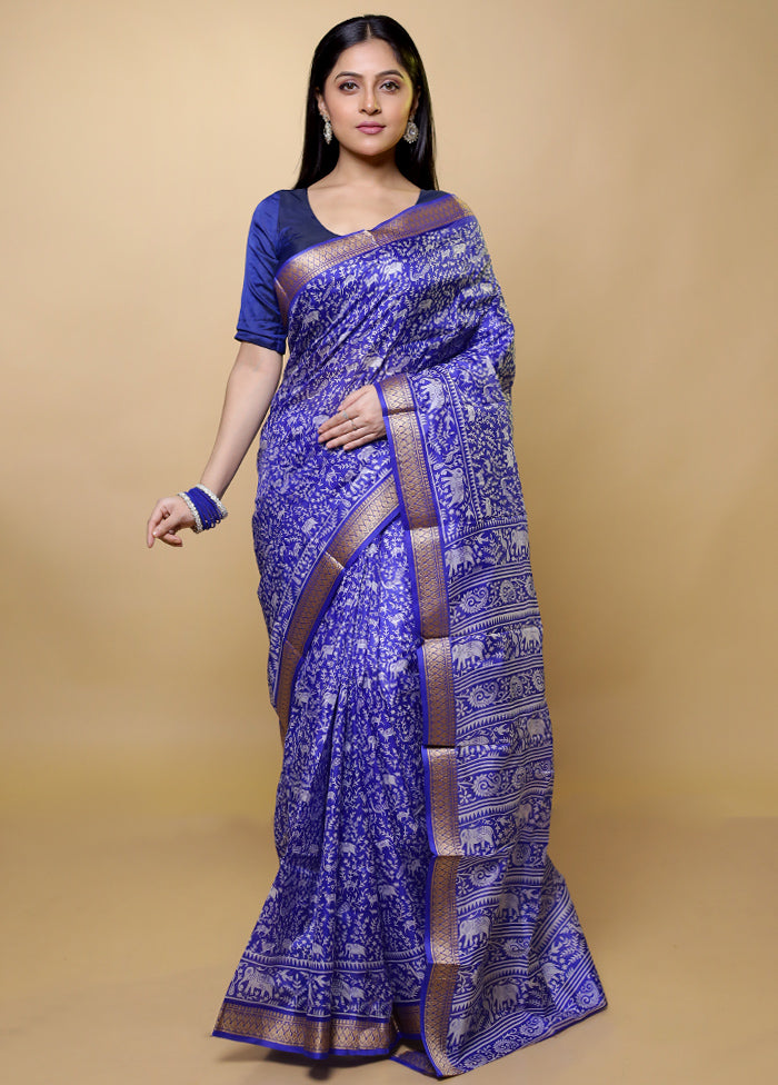 Blue Printed Pure Silk Saree Without Blouse Piece