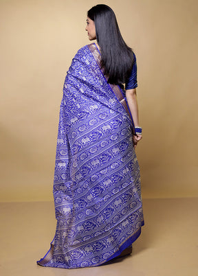 Blue Printed Pure Silk Saree Without Blouse Piece