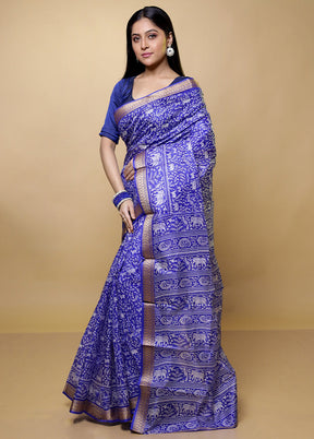 Blue Printed Pure Silk Saree Without Blouse Piece