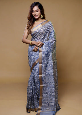 Grey Printed Pure Silk Saree Without Blouse Piece