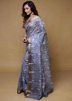 Grey Printed Pure Silk Saree Without Blouse Piece