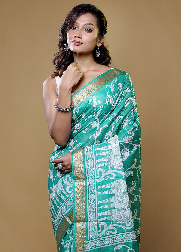 Green Printed Pure Silk Saree Without Blouse Piece