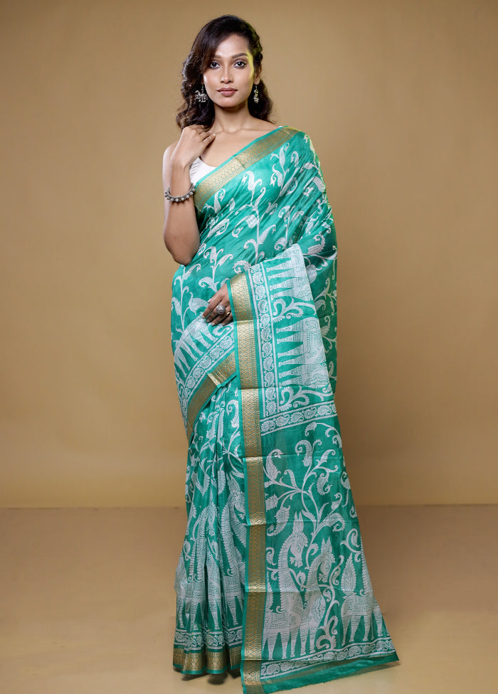 Green Printed Pure Silk Saree Without Blouse Piece