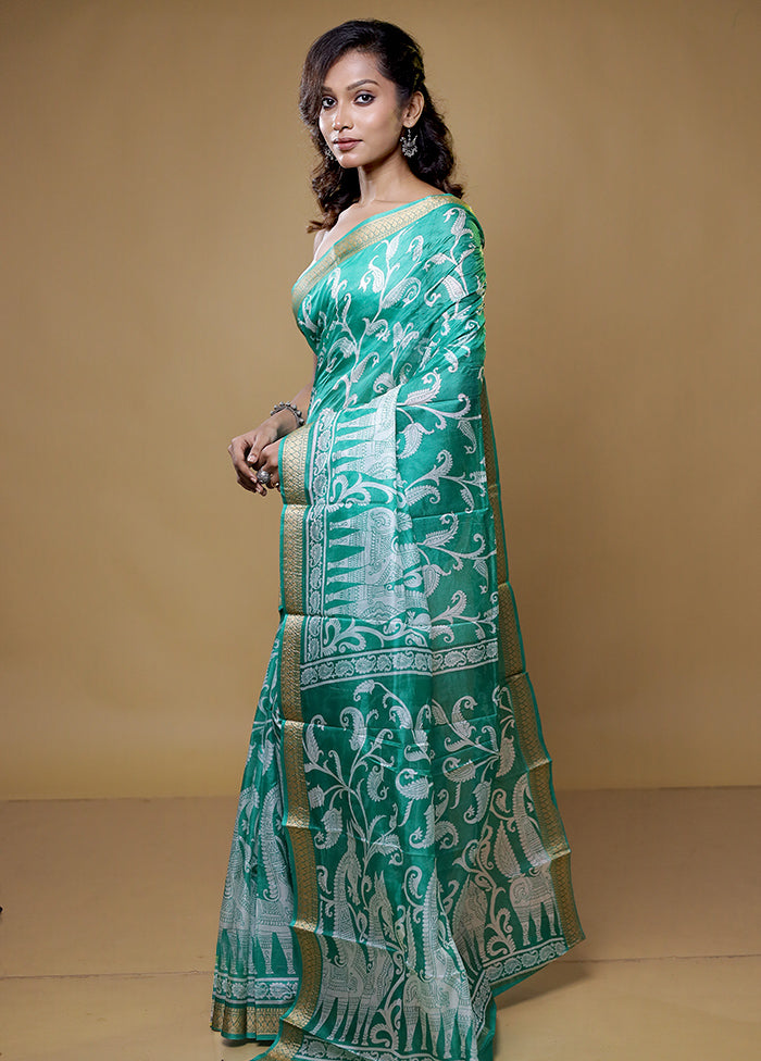 Green Printed Pure Silk Saree Without Blouse Piece