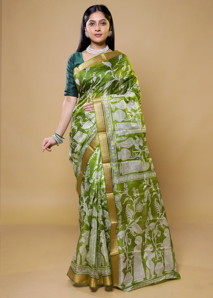 Green Printed Pure Silk Saree Without Blouse Piece