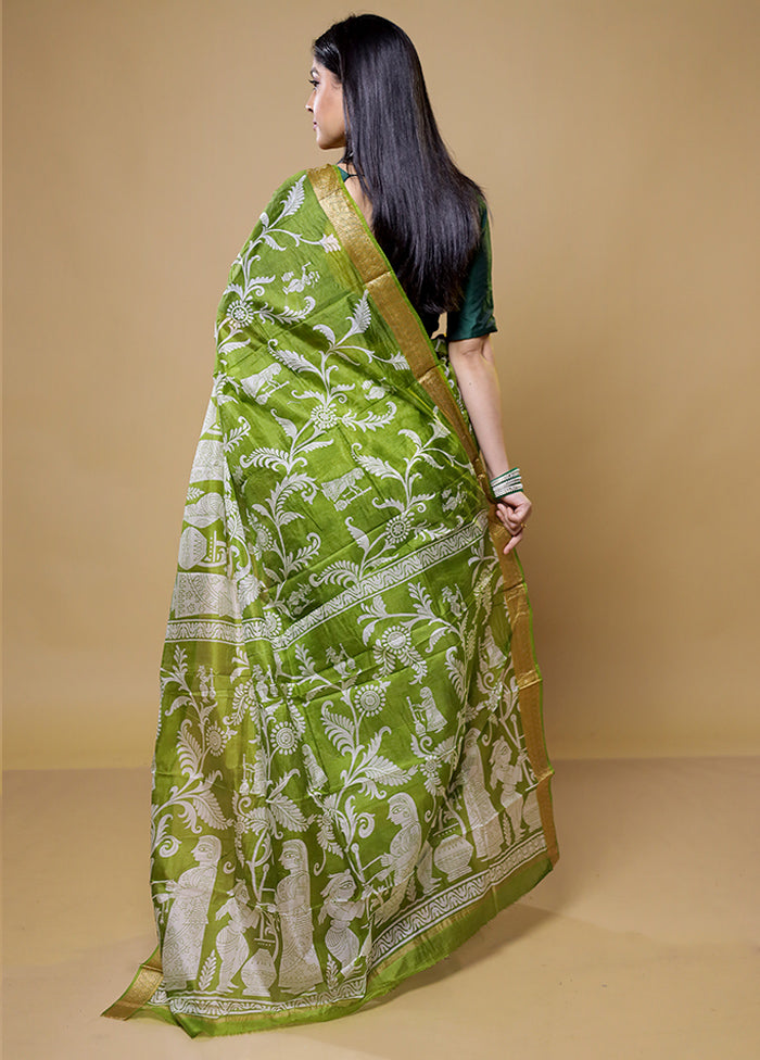 Green Printed Pure Silk Saree Without Blouse Piece