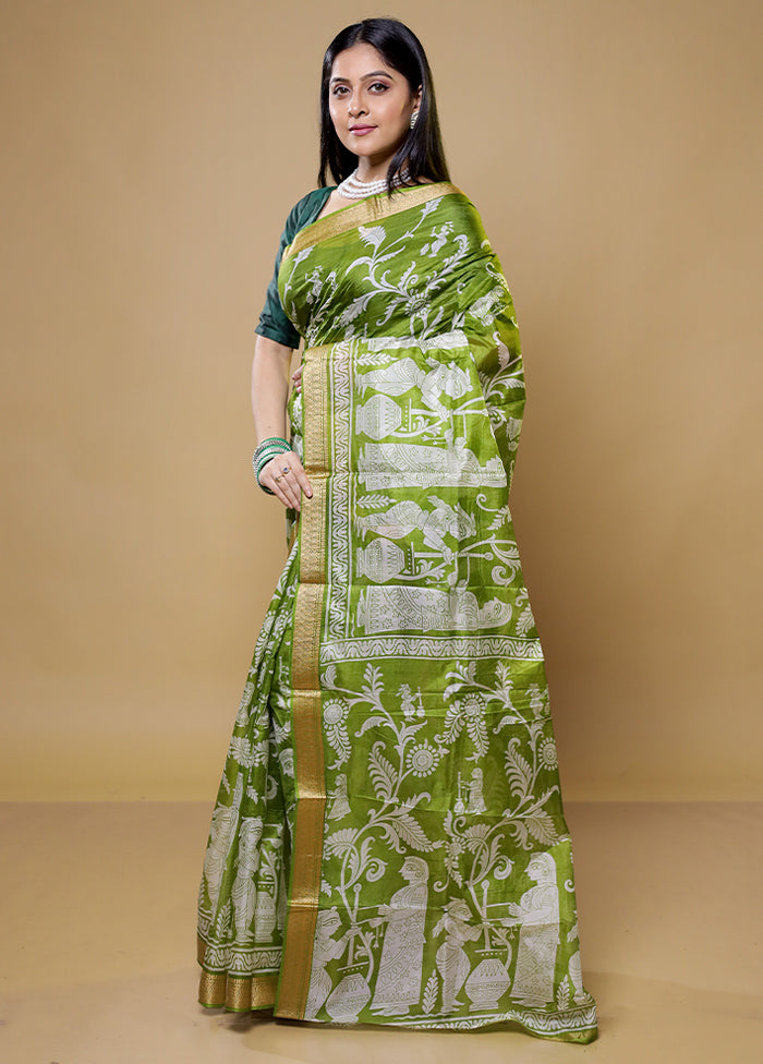 Green Printed Pure Silk Saree Without Blouse Piece