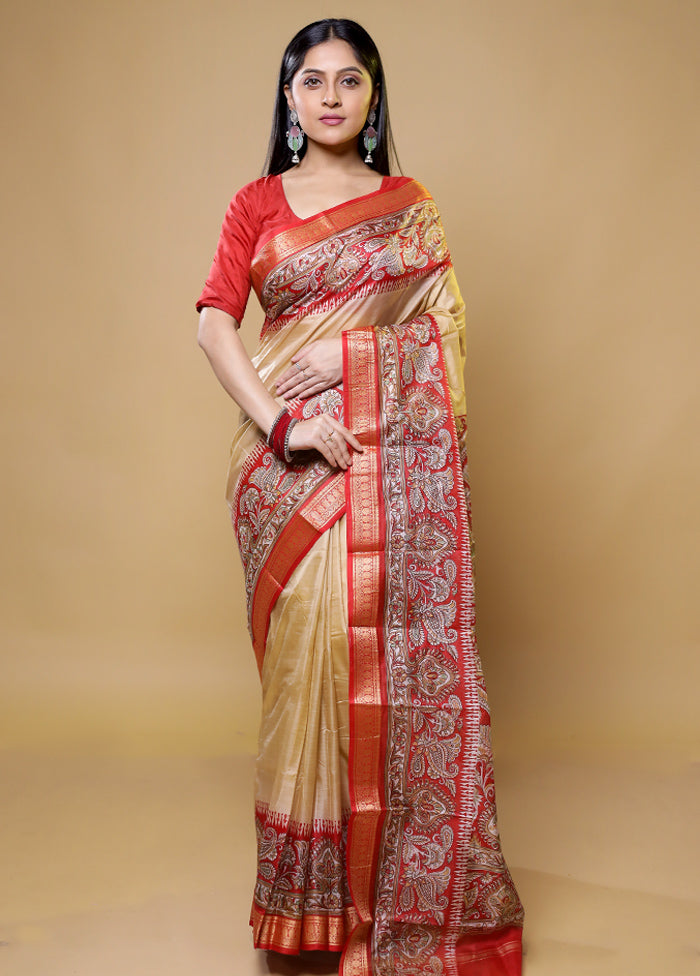 Cream Printed Pure Silk Saree Without Blouse Piece