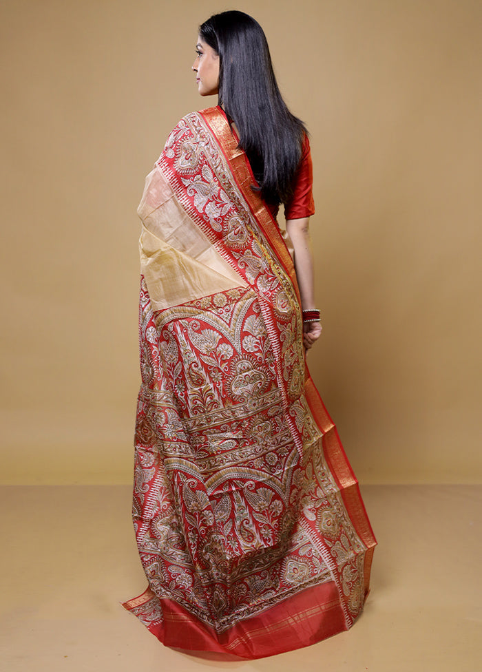 Cream Printed Pure Silk Saree Without Blouse Piece