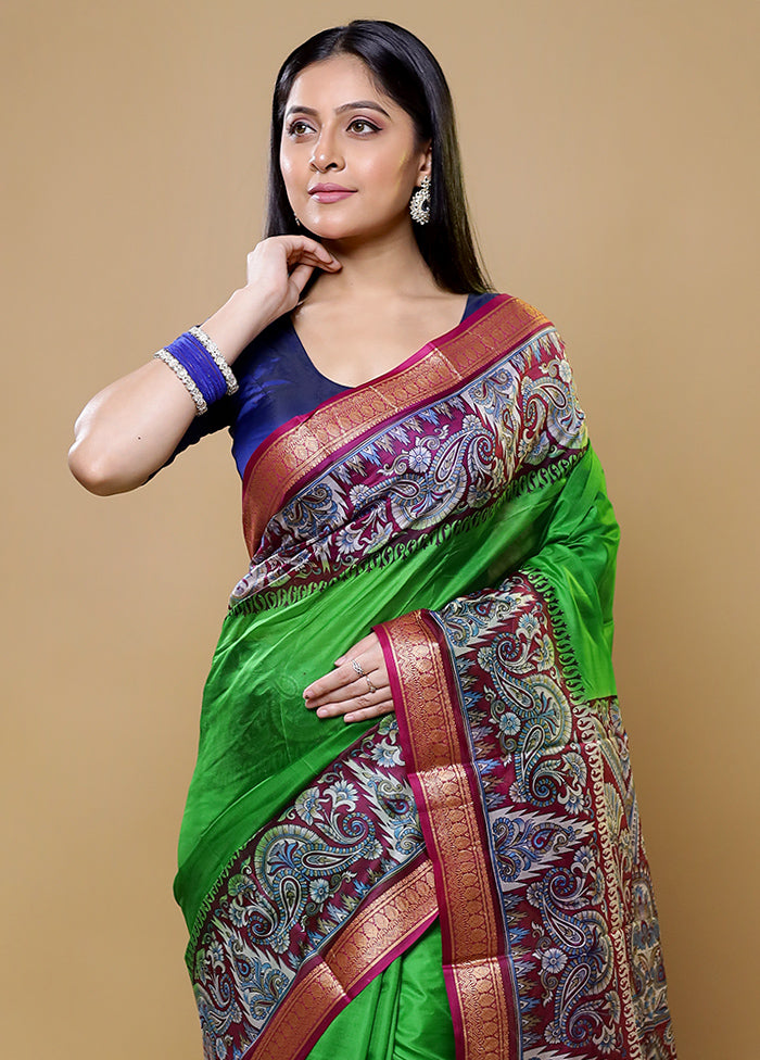 Green Printed Pure Silk Saree Without Blouse Piece