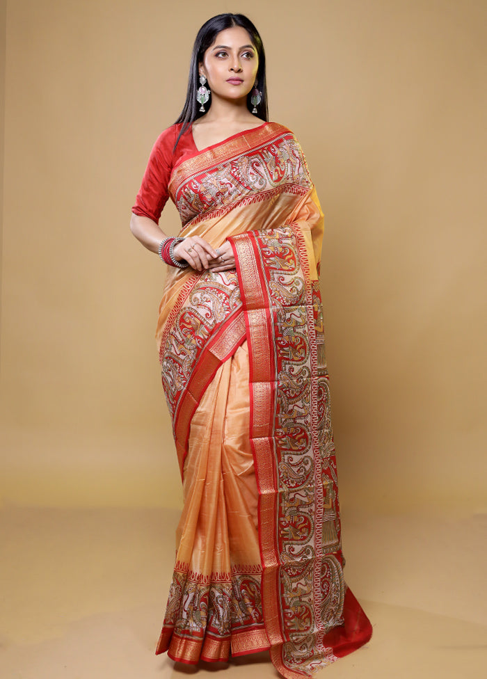 Cream Printed Pure Silk Saree Without Blouse Piece