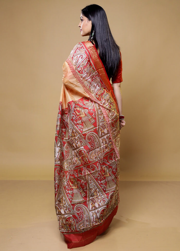 Cream Printed Pure Silk Saree Without Blouse Piece