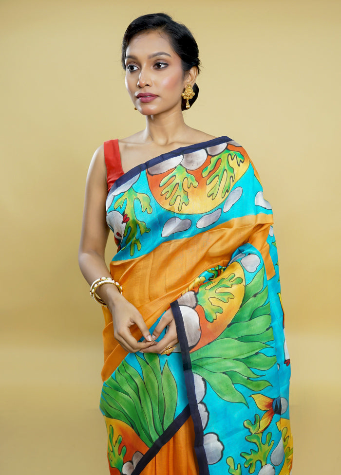 Multicolor Printed Pure Silk Saree Without Blouse Piece