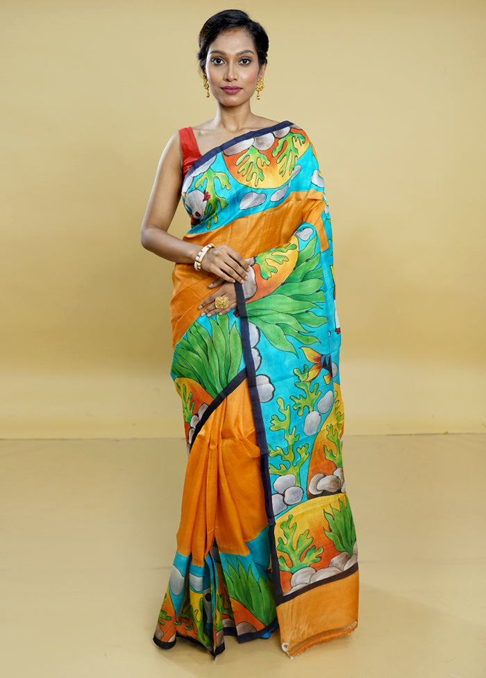 Multicolor Printed Pure Silk Saree Without Blouse Piece