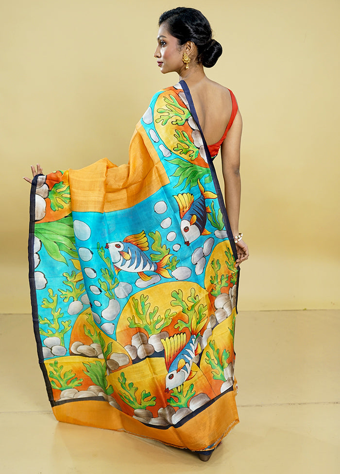 Multicolor Printed Pure Silk Saree Without Blouse Piece