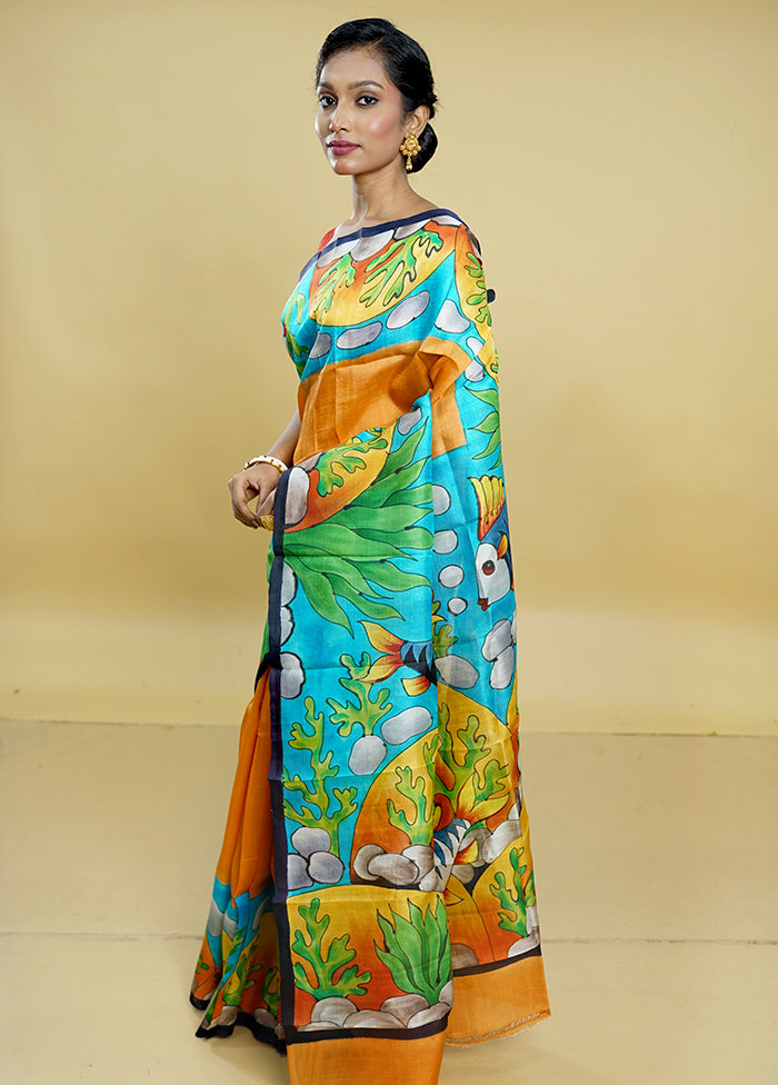 Multicolor Printed Pure Silk Saree Without Blouse Piece