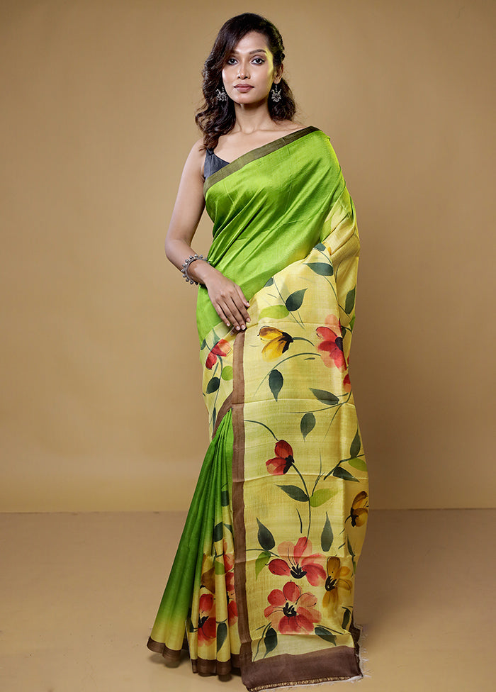 green Printed Pure Silk Saree Without Blouse Piece