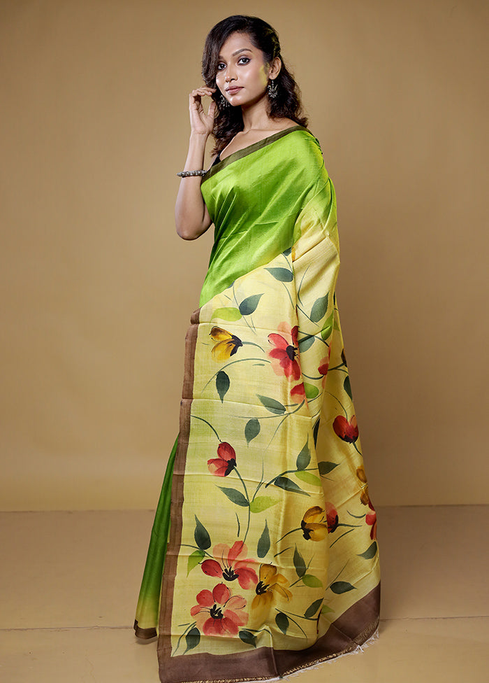 green Printed Pure Silk Saree Without Blouse Piece