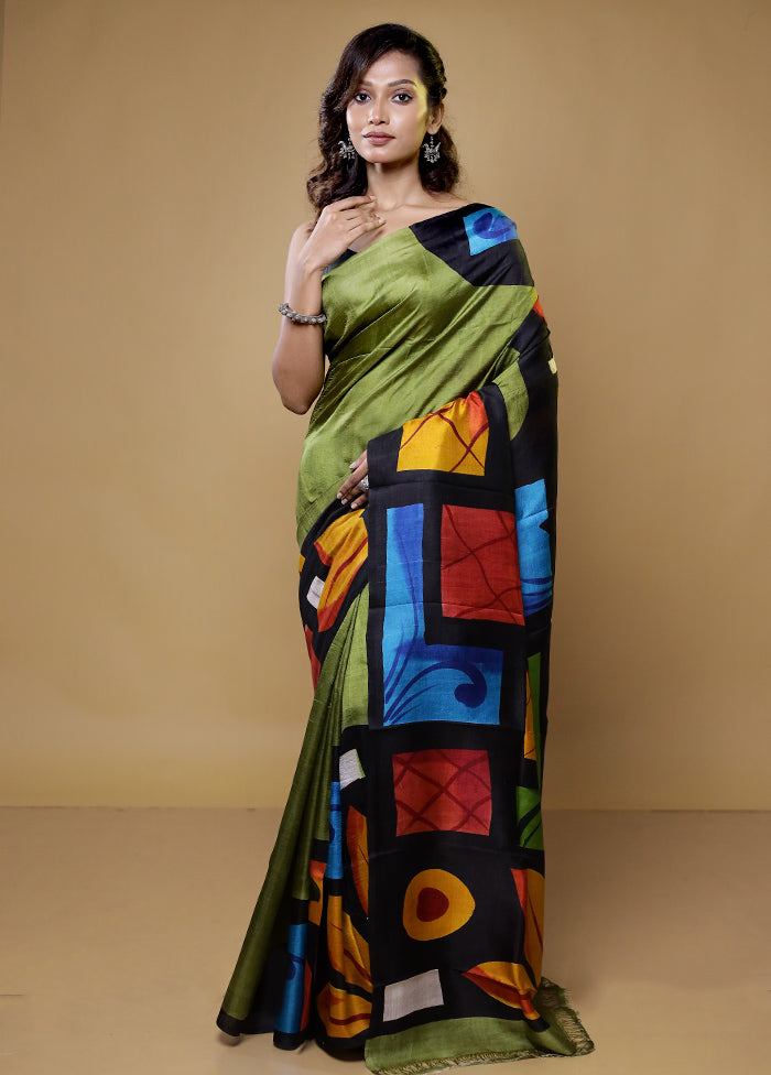 green Printed Pure Silk Saree Without Blouse Piece