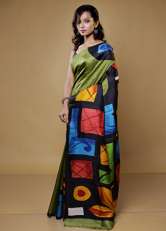 green Printed Pure Silk Saree Without Blouse Piece