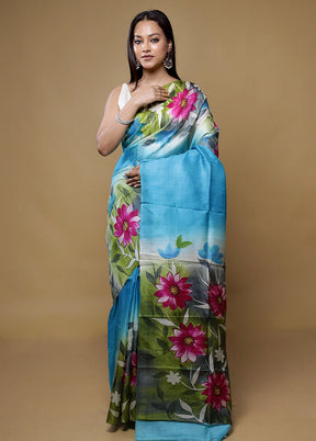 Blue Printed Pure Silk Saree Without Blouse Piece