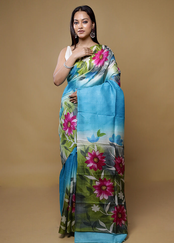 Blue Printed Pure Silk Saree Without Blouse Piece