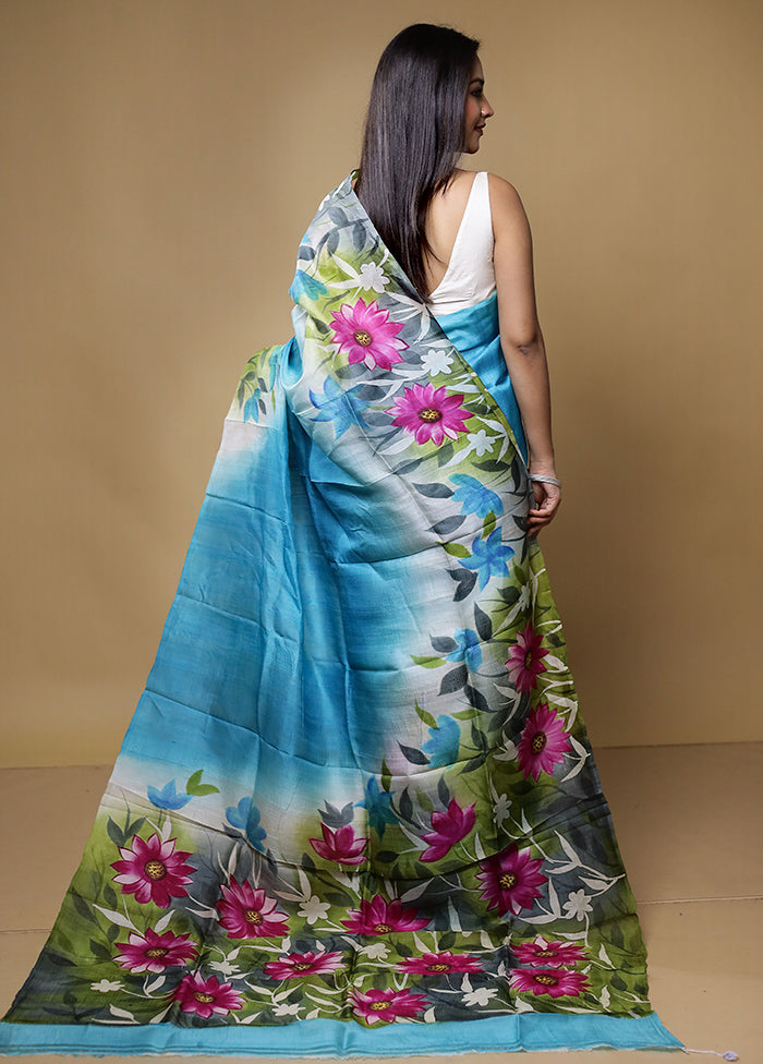 Blue Printed Pure Silk Saree Without Blouse Piece