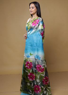 Blue Printed Pure Silk Saree Without Blouse Piece