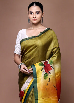 Green Printed Pure Silk Saree With Blouse Piece