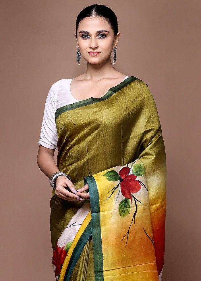 Green Printed Pure Silk Saree With Blouse Piece