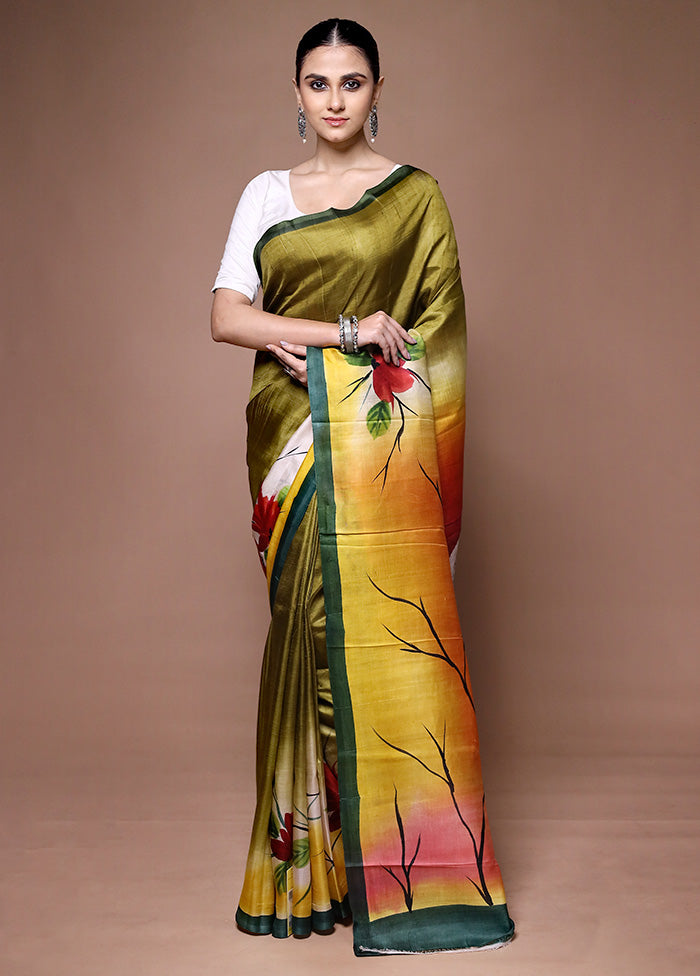 Green Printed Pure Silk Saree With Blouse Piece
