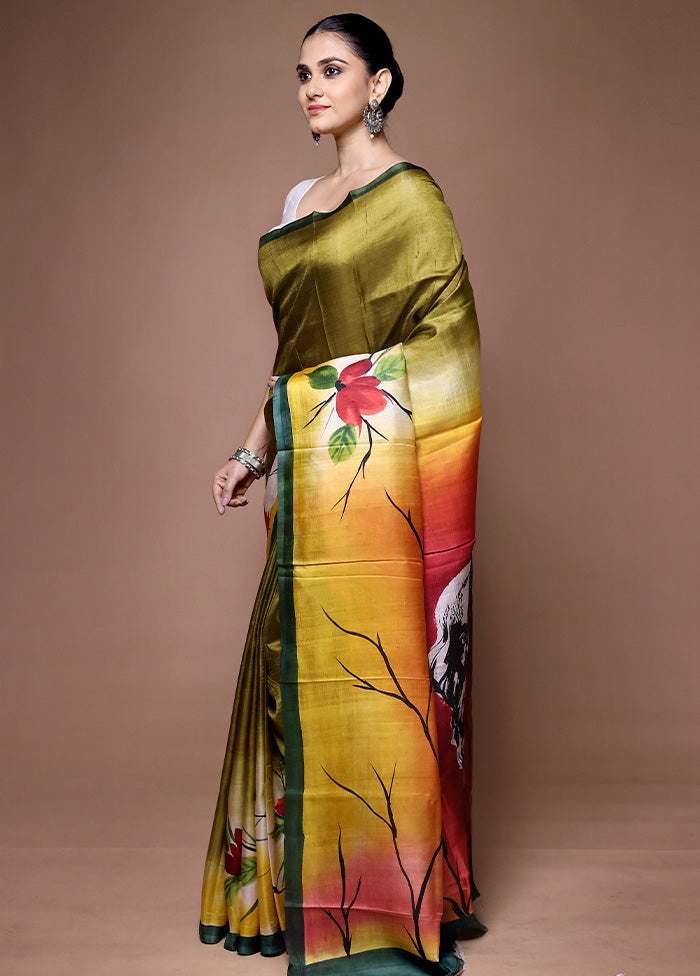 Green Printed Pure Silk Saree With Blouse Piece
