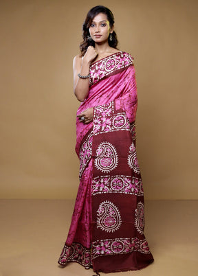 Pink Printed Pure Silk Saree Without Blouse Piece