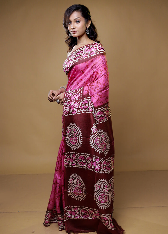 Pink Printed Pure Silk Saree Without Blouse Piece