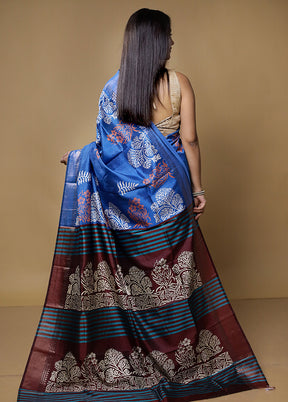 Blue Pure Bishnupuri Silk Saree With Blouse Piece