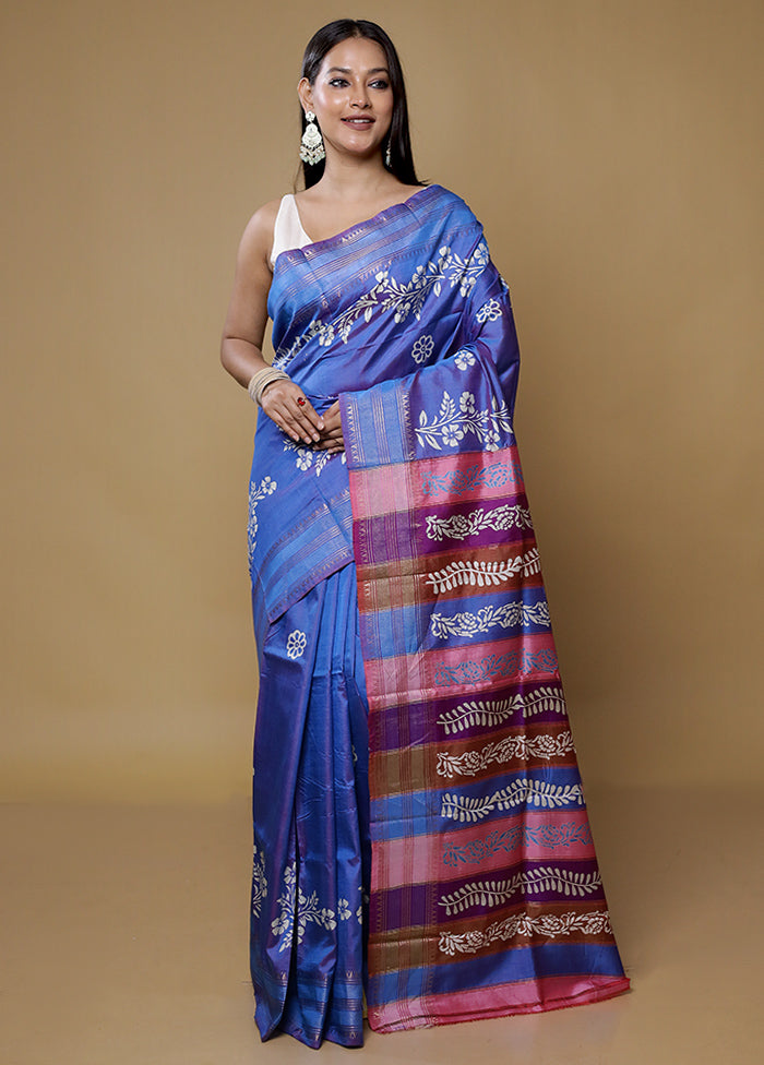 Blue Pure Bishnupuri Silk Saree Without Blouse Piece