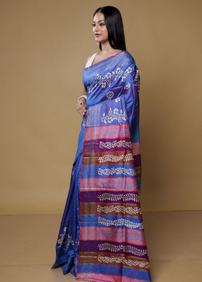 Blue Pure Bishnupuri Silk Saree Without Blouse Piece